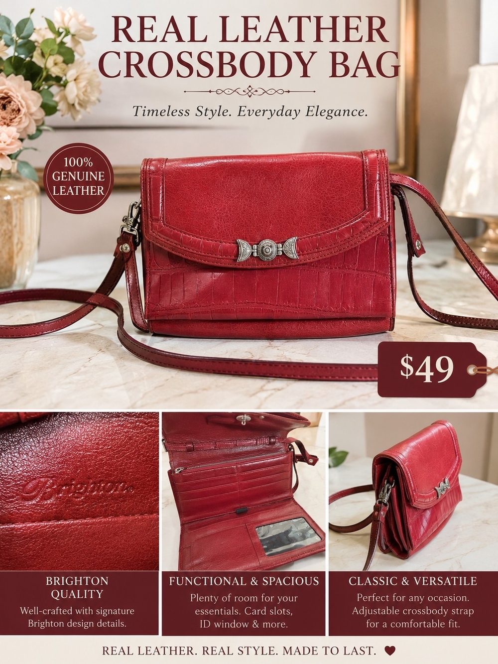 Brighton Red Leather Crossbody Bag - Genuine Leather
